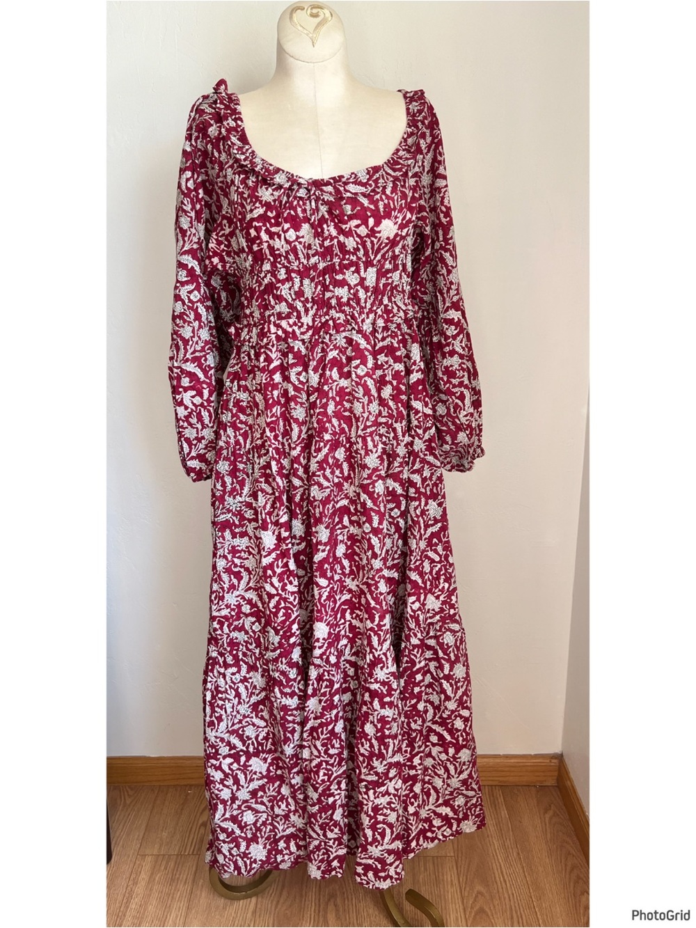 Anna Cate Milkmaid Smocked Burgundy Printed Dress Maxi Small